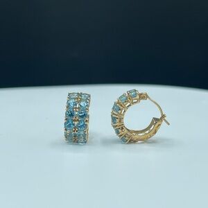 Natural Blue Topaz 14k Yellow Gold Huggie Hoop Earrings